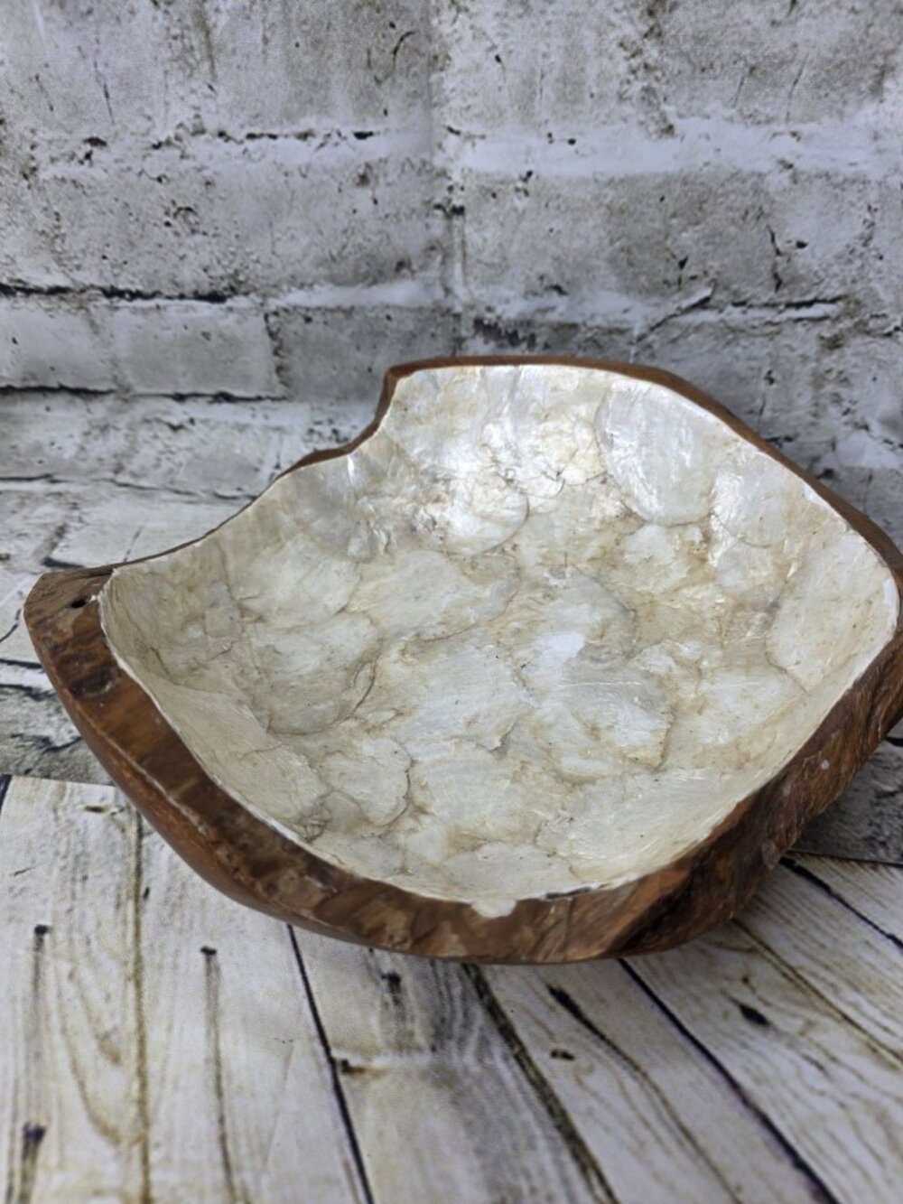 Wooden Rustic Decorative Irregular Shape Bowl with Mother of Pearl Inlay 9-9.5"